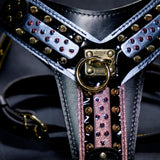 Close-up of the Candy Black harness: black leather, lilac and glitter-pink panels, gold spikes and brass O-ring