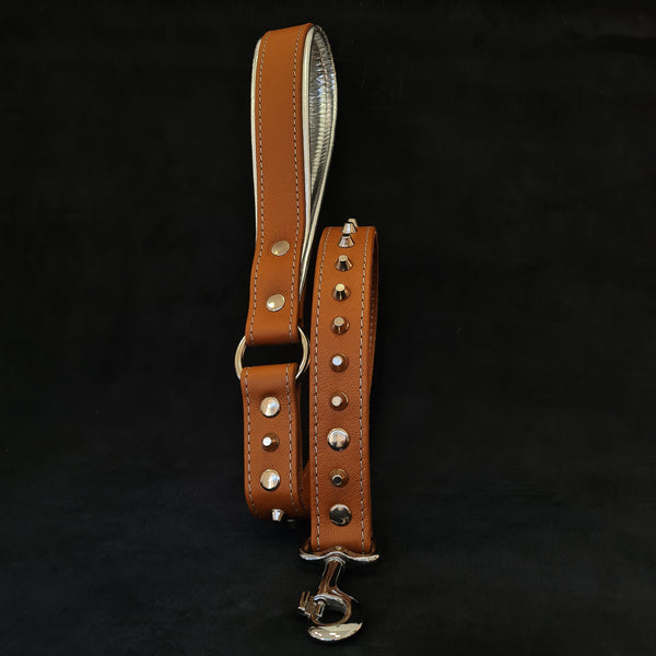 Brown soft leather studded leash
