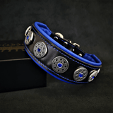 Bestia Bijou black & blue leather dog collar with blue padding and decorative rivets