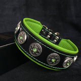 Bestia Bijou black & green leather dog collar with green padding and decorative rivets