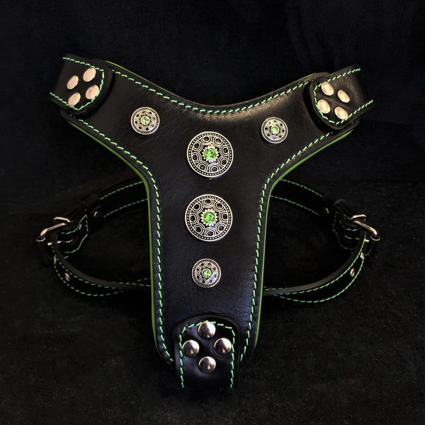 The ''Bijou'' harness Black & Green Small to Medium Size