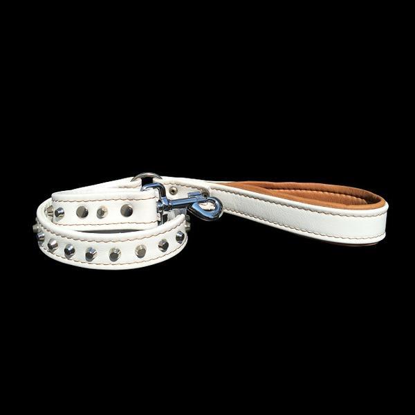 White soft leather studded leash